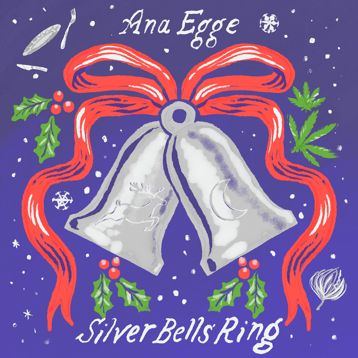 Illustration of silver bells with red ribbons and holly against a purple background